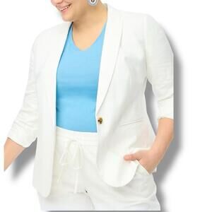 J Crew Blazer‎ Womens 8 White Linen Blend Career AL222 Peak Lapel